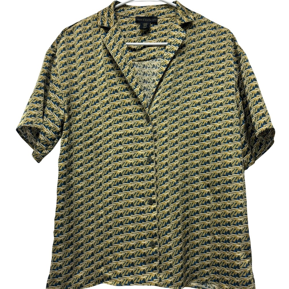 House of Harlow 1960 Blouse Women XS Gold Geometric Short Sleeve‎ Button Down